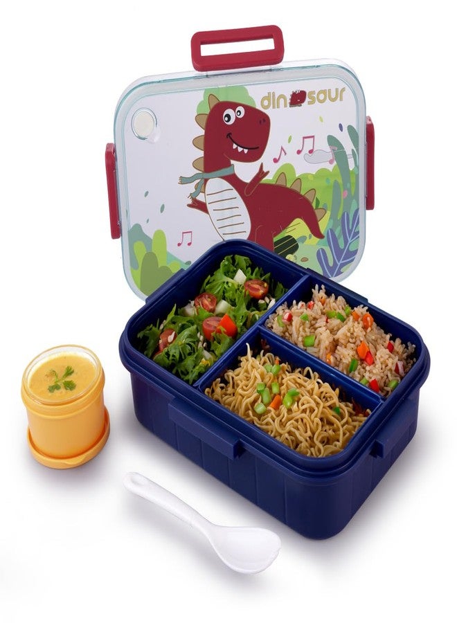 ATTRO Quick 3 Lunch Box Dinosaur Theme with Includes 3 Compartments, 1 Small Container & Baby Spoon, BPA-Free, Food-Grade Perfect for Kids - Dark Blue 1300ml, Plastic - Image 1